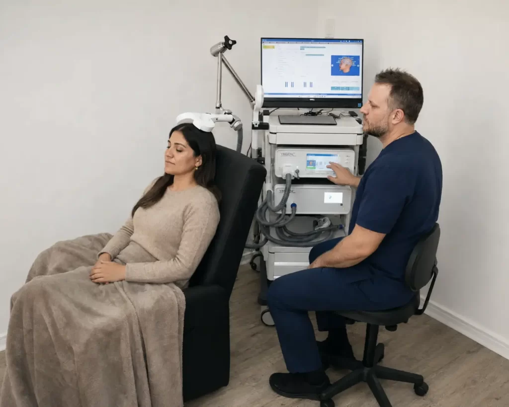 Sesión de estimulación magnética transcraneal en un entorno clínico
